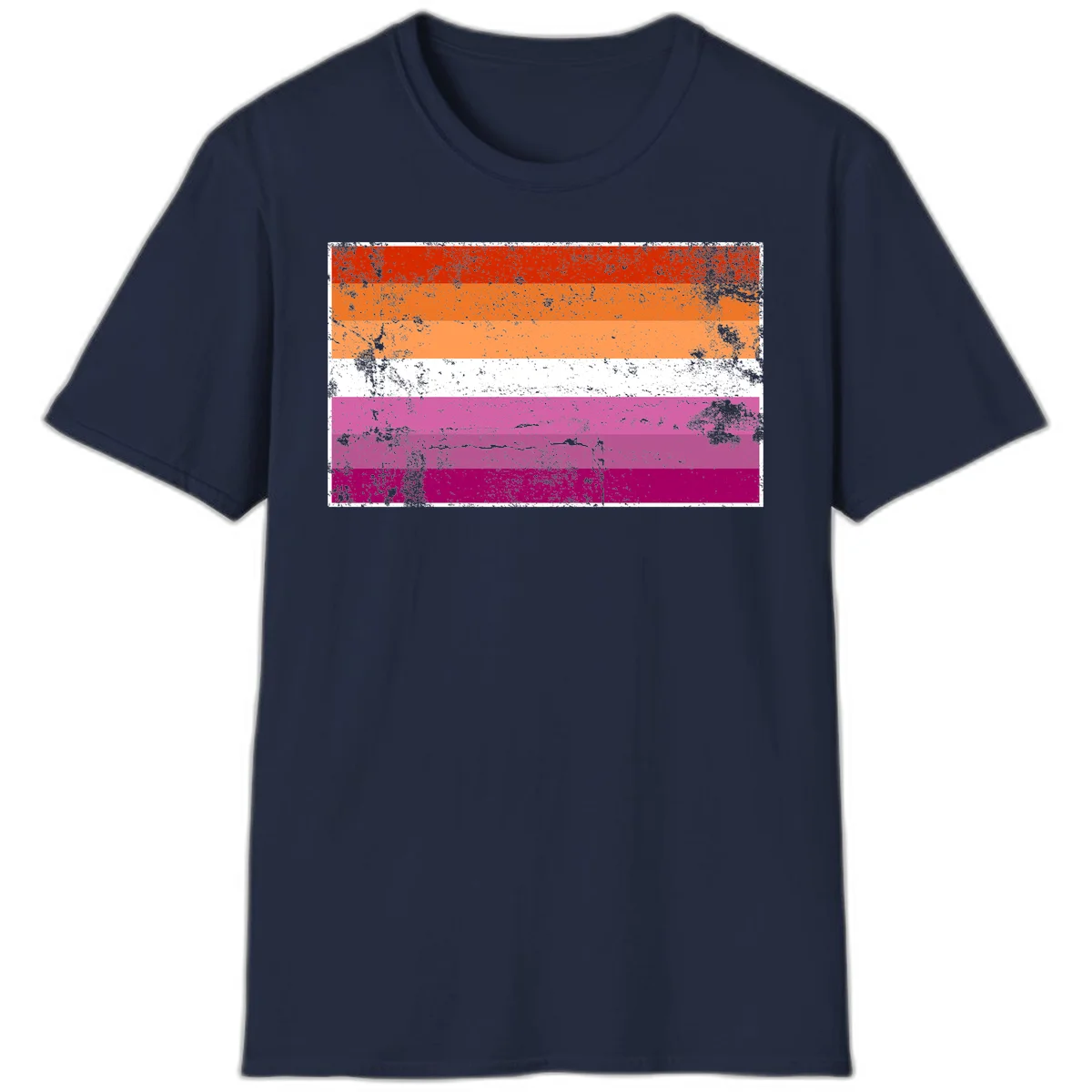 Lesbian pride flag with seven horizontal stripes in red, orange, peach, white, hot pink, magenta, and deep magenta, featuring grunge distressed texture throughout in Navy