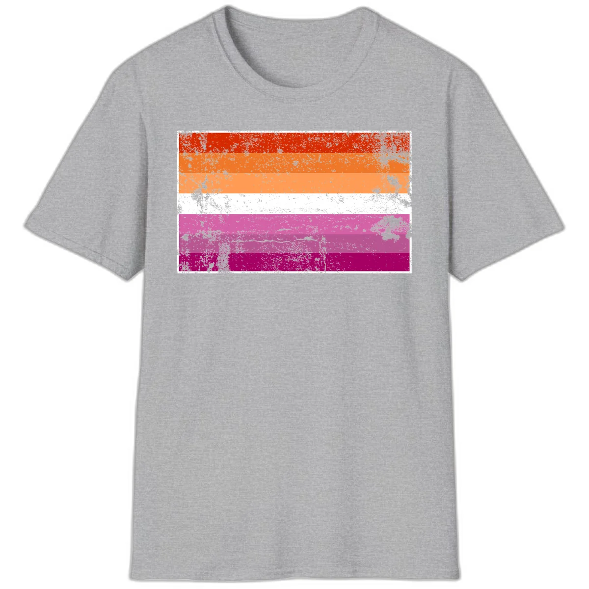 Lesbian pride flag with seven horizontal stripes in red, orange, peach, white, hot pink, magenta, and deep magenta, featuring grunge distressed texture throughout in Sport Grey