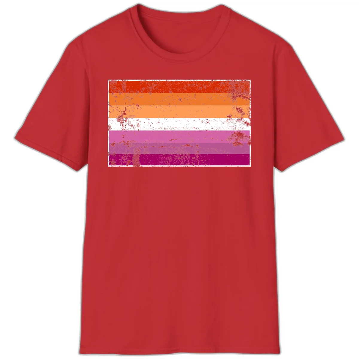 Lesbian pride flag with seven horizontal stripes in red, orange, peach, white, hot pink, magenta, and deep magenta, featuring grunge distressed texture throughout in Red
