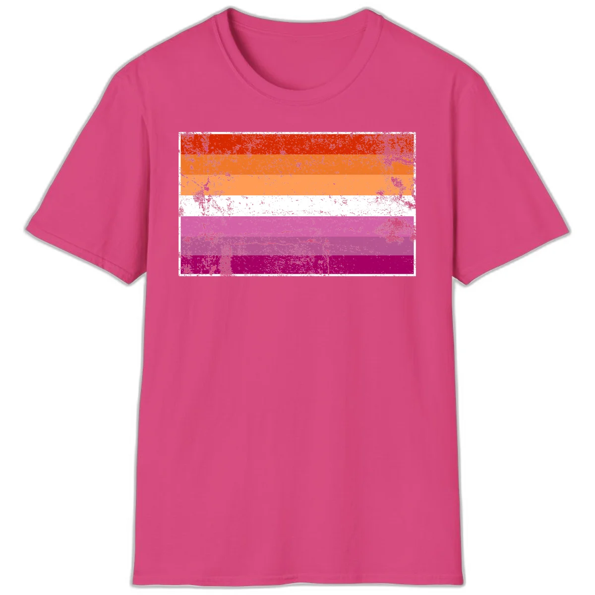 Lesbian pride flag with seven horizontal stripes in red, orange, peach, white, hot pink, magenta, and deep magenta, featuring grunge distressed texture throughout in Heliconia
