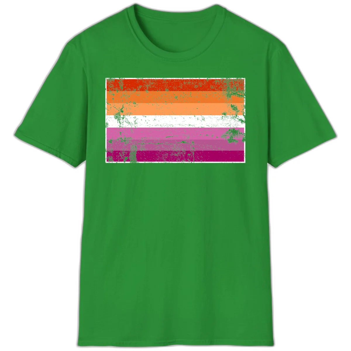 Lesbian pride flag with seven horizontal stripes in red, orange, peach, white, hot pink, magenta, and deep magenta, featuring grunge distressed texture throughout in Irish Green