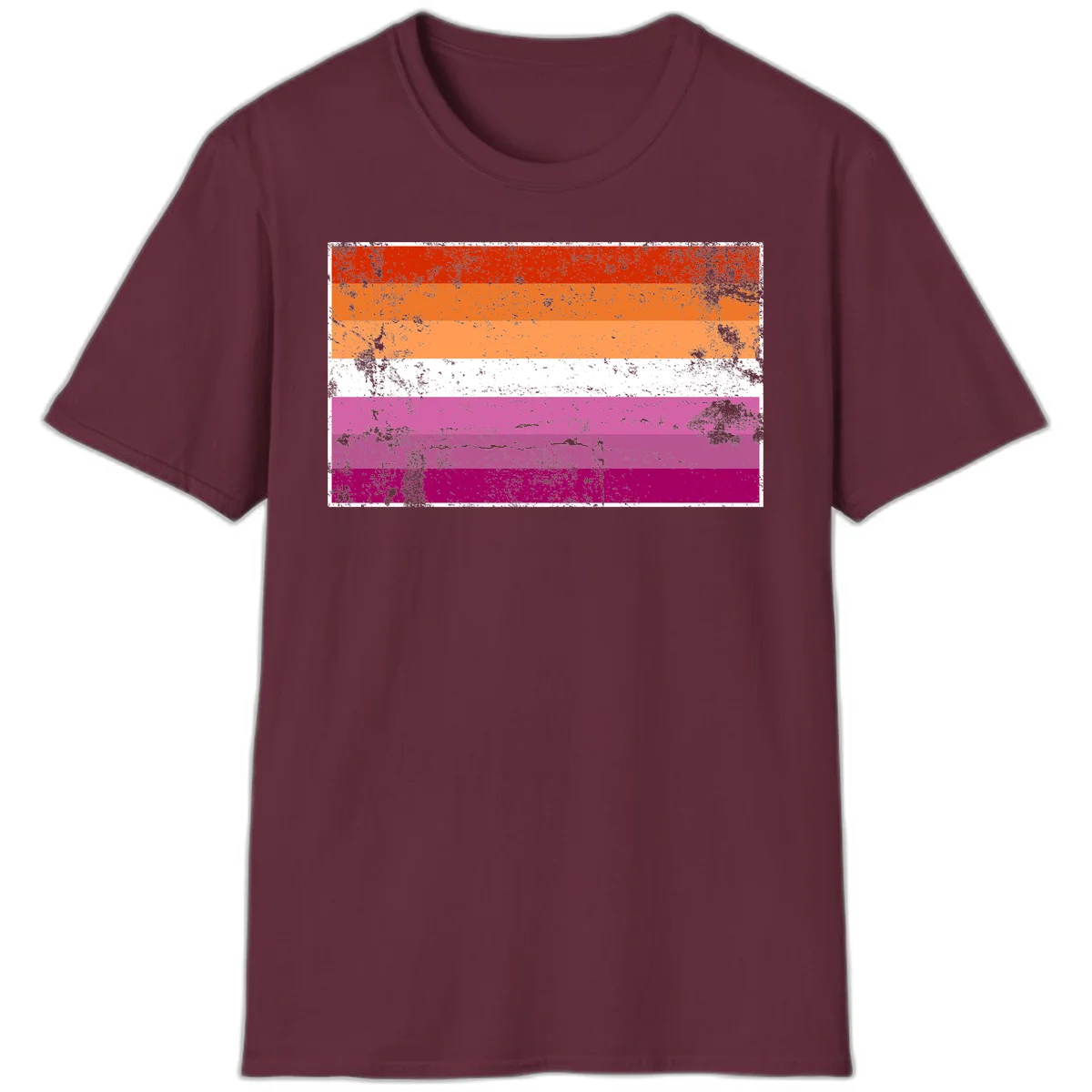 Lesbian pride flag with seven horizontal stripes in red, orange, peach, white, hot pink, magenta, and deep magenta, featuring grunge distressed texture throughout in Maroon