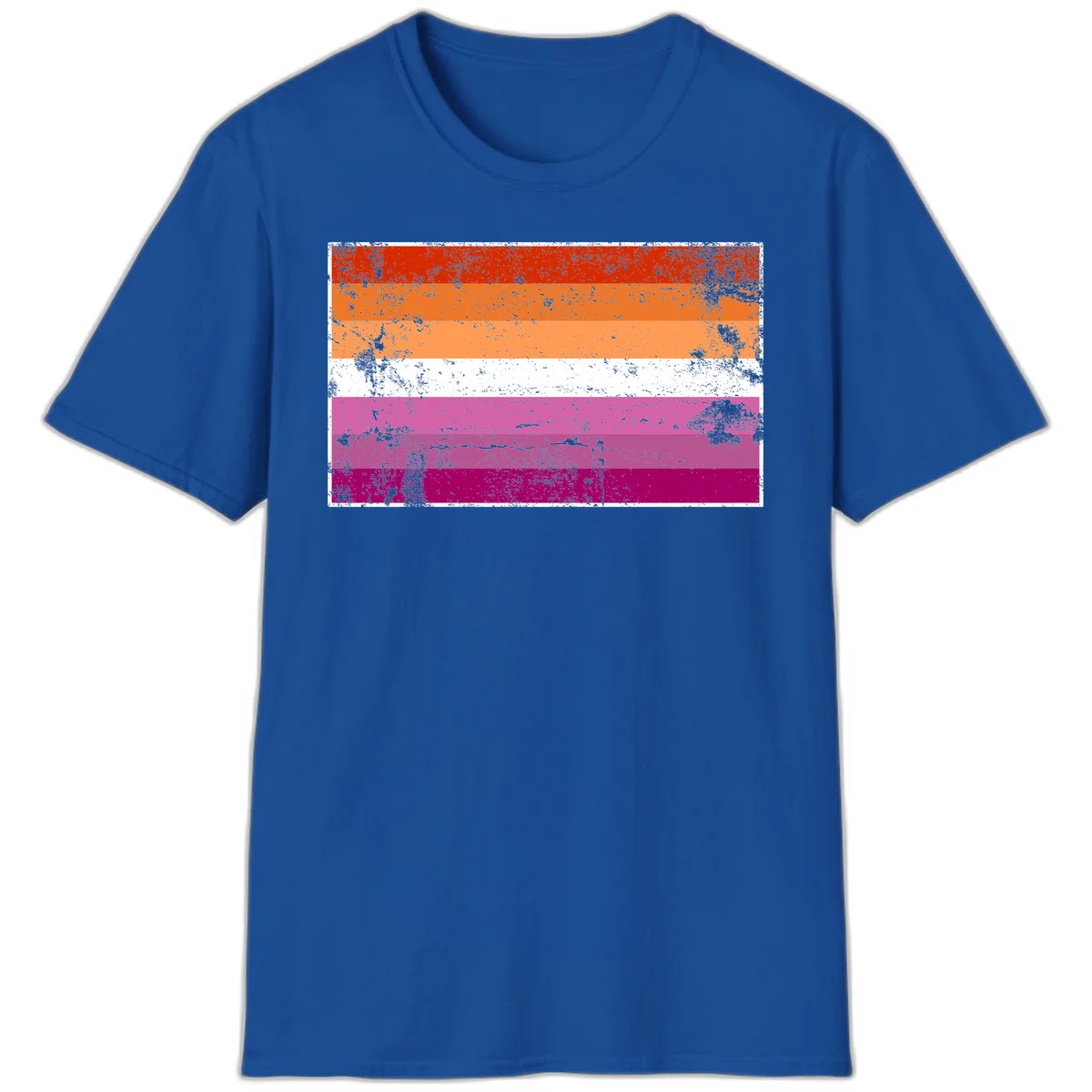 Lesbian pride flag with seven horizontal stripes in red, orange, peach, white, hot pink, magenta, and deep magenta, featuring grunge distressed texture throughout in Royal