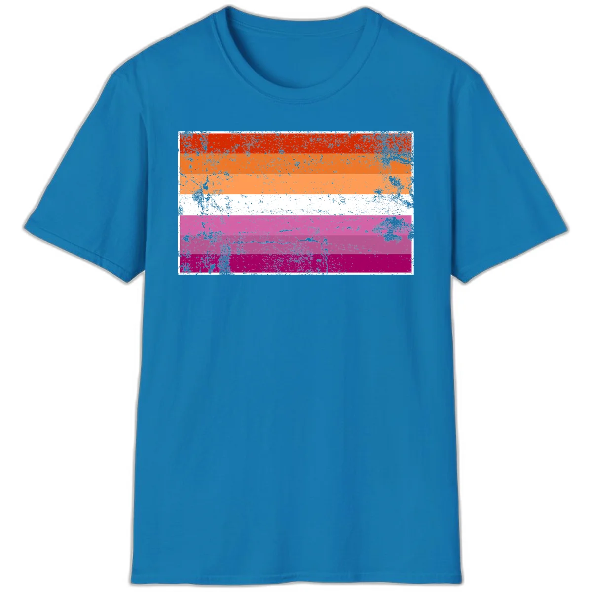 Lesbian pride flag with seven horizontal stripes in red, orange, peach, white, hot pink, magenta, and deep magenta, featuring grunge distressed texture throughout in Sapphire