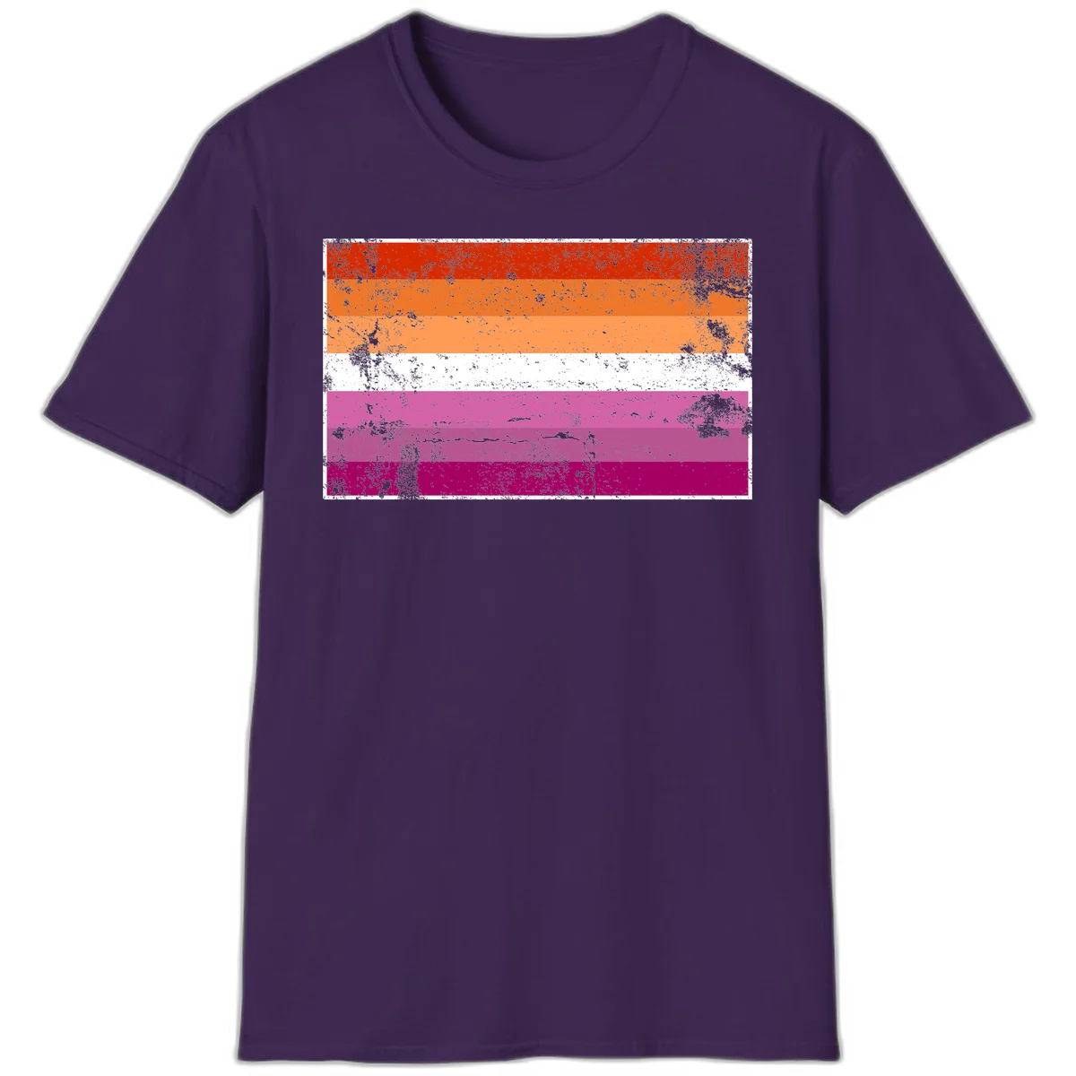 Lesbian pride flag with seven horizontal stripes in red, orange, peach, white, hot pink, magenta, and deep magenta, featuring grunge distressed texture throughout in Purple