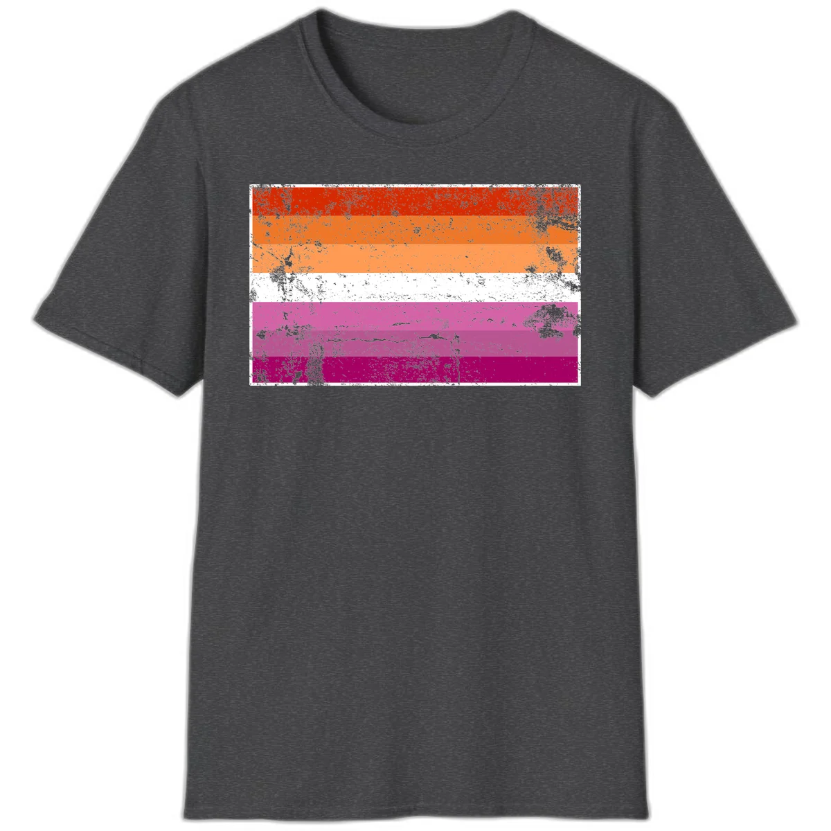 Lesbian pride flag with seven horizontal stripes in red, orange, peach, white, hot pink, magenta, and deep magenta, featuring grunge distressed texture throughout in Dark Heather