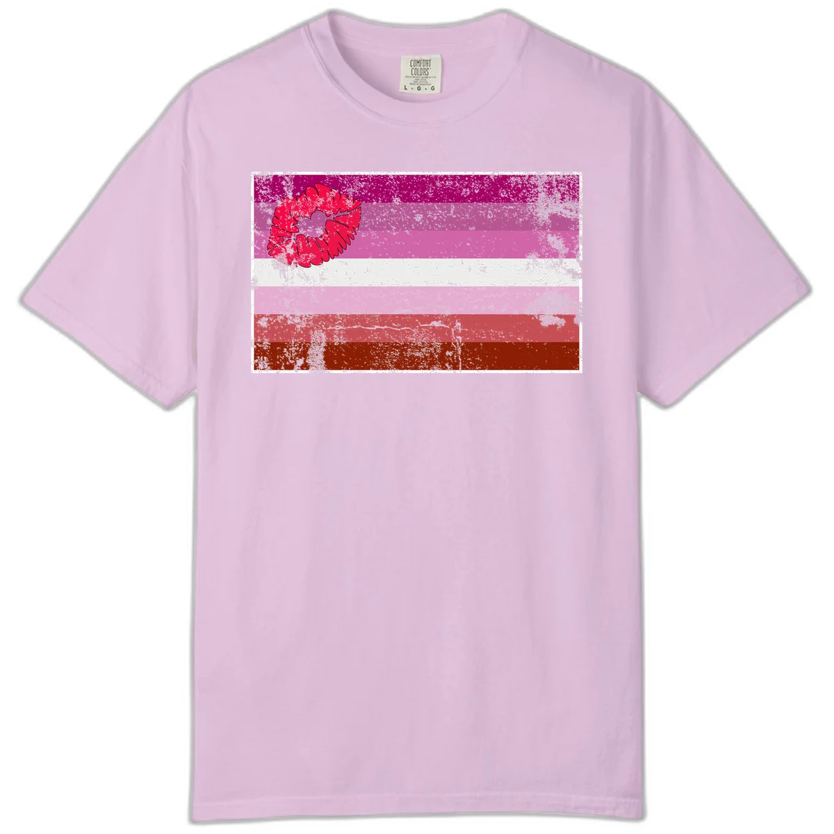 Red lipstick kiss mark overlaying horizontal striped pride flag with distressed grunge texture in Orchid