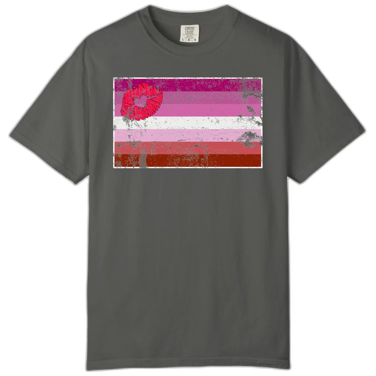 Red lipstick kiss mark overlaying horizontal striped pride flag with distressed grunge texture in Pepper