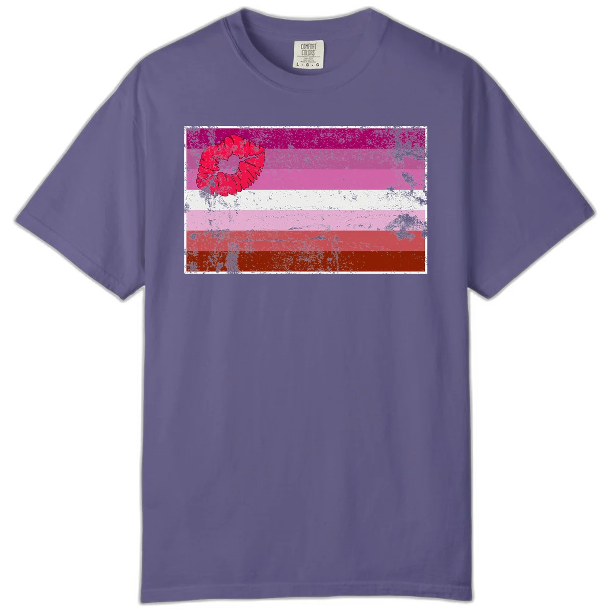 Red lipstick kiss mark overlaying horizontal striped pride flag with distressed grunge texture in Grape