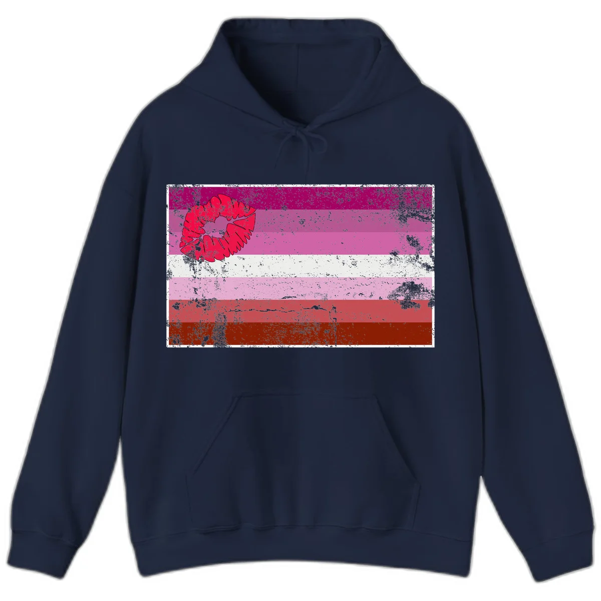 Red lipstick kiss mark overlaying horizontal striped pride flag with distressed grunge texture in Navy