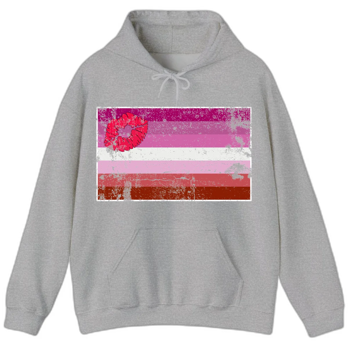 Red lipstick kiss mark overlaying horizontal striped pride flag with distressed grunge texture in Sport Grey