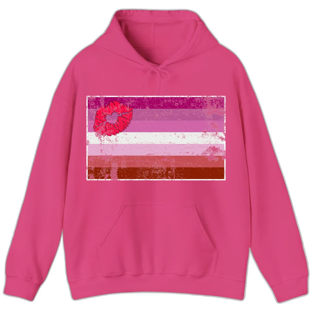 Red lipstick kiss mark overlaying horizontal striped pride flag with distressed grunge texture in Heliconia