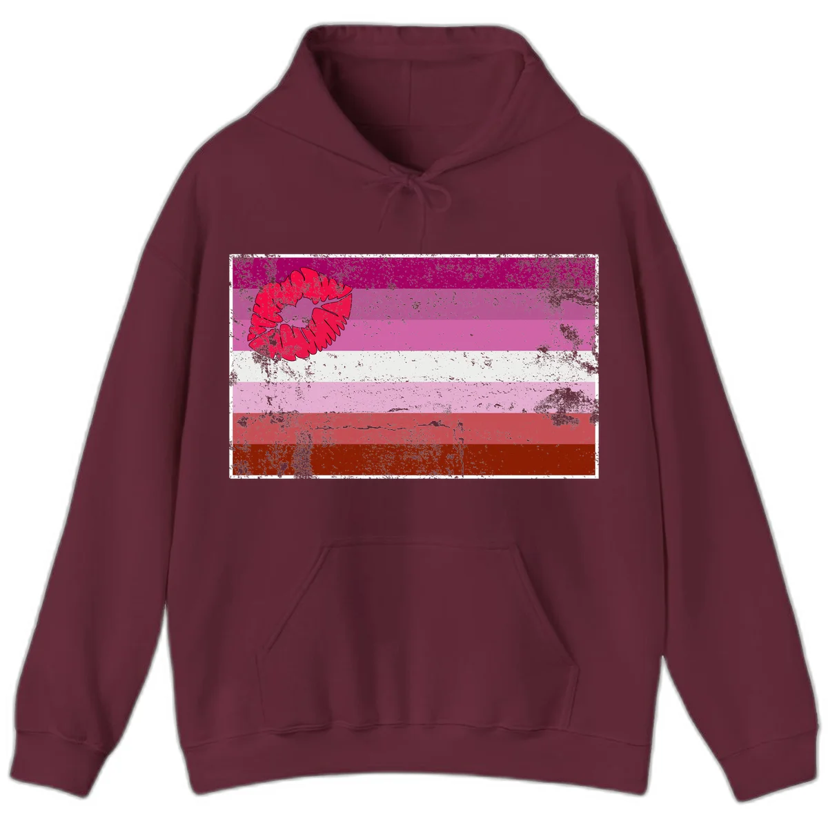 Red lipstick kiss mark overlaying horizontal striped pride flag with distressed grunge texture in Maroon