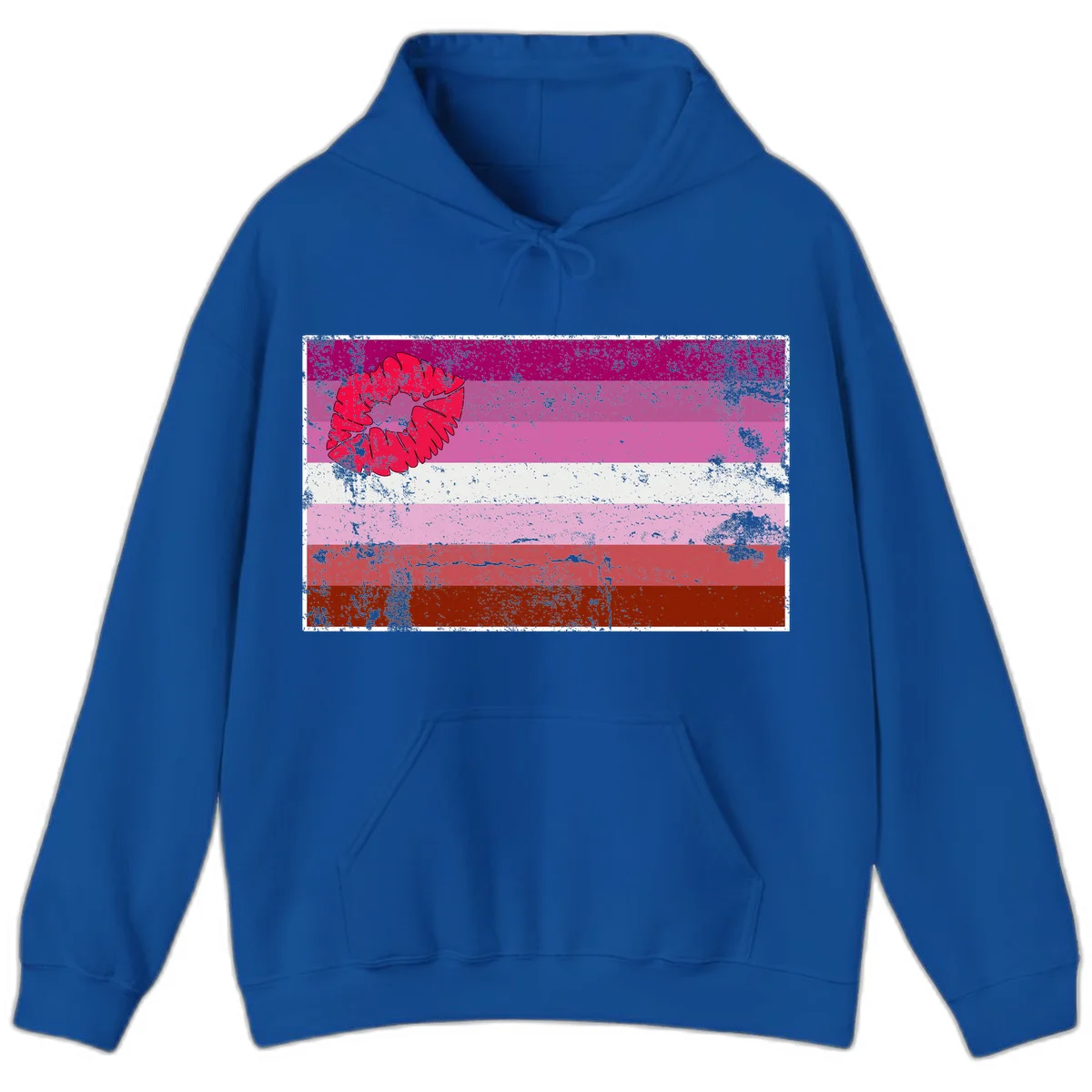Red lipstick kiss mark overlaying horizontal striped pride flag with distressed grunge texture in Royal
