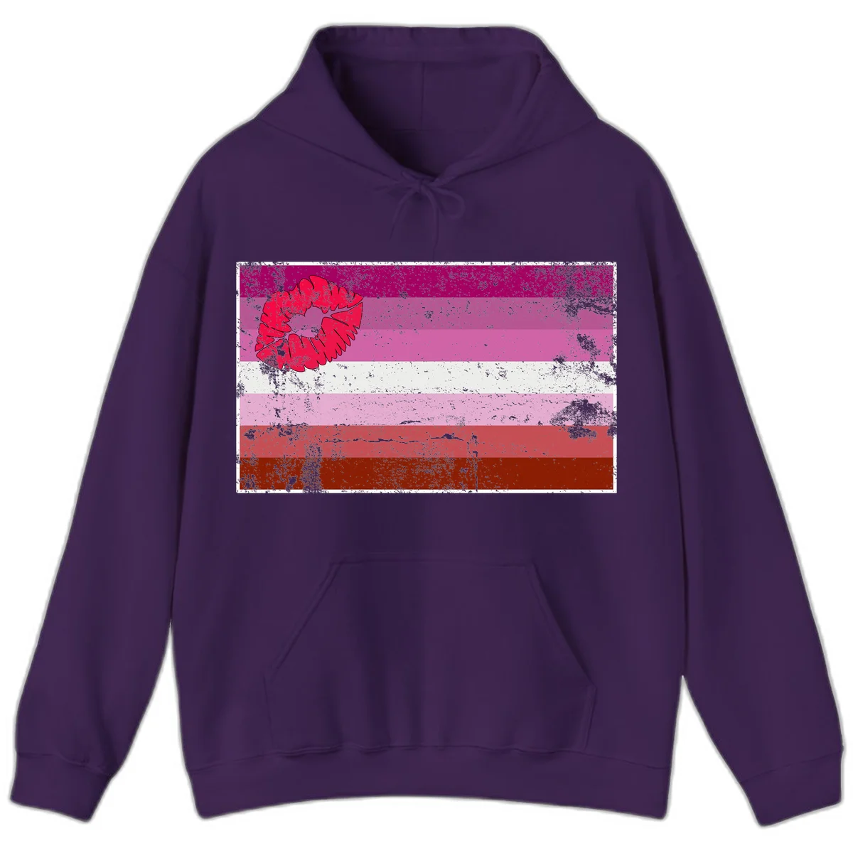 Red lipstick kiss mark overlaying horizontal striped pride flag with distressed grunge texture in Purple