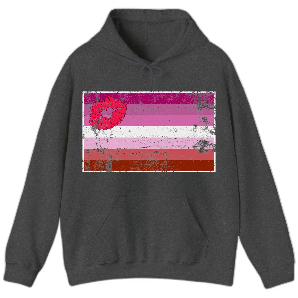 Red lipstick kiss mark overlaying horizontal striped pride flag with distressed grunge texture in Dark Heather