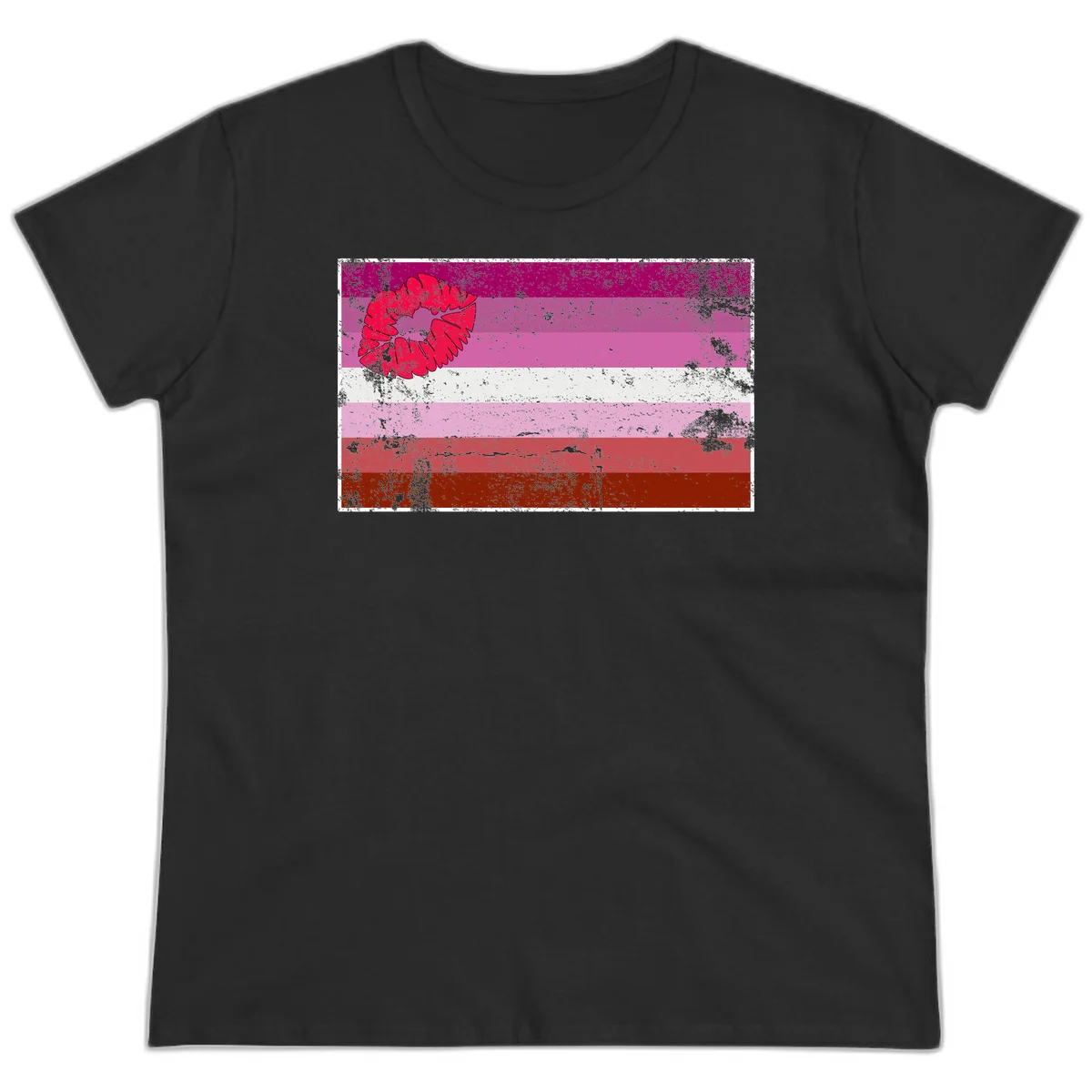 Red lipstick kiss mark overlaying horizontal striped pride flag with distressed grunge texture in Black