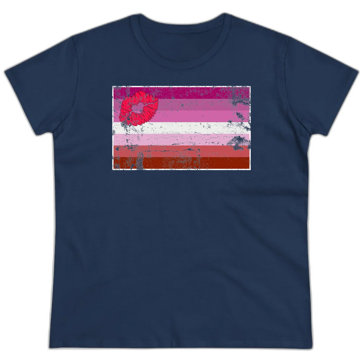 Red lipstick kiss mark overlaying horizontal striped pride flag with distressed grunge texture in Navy