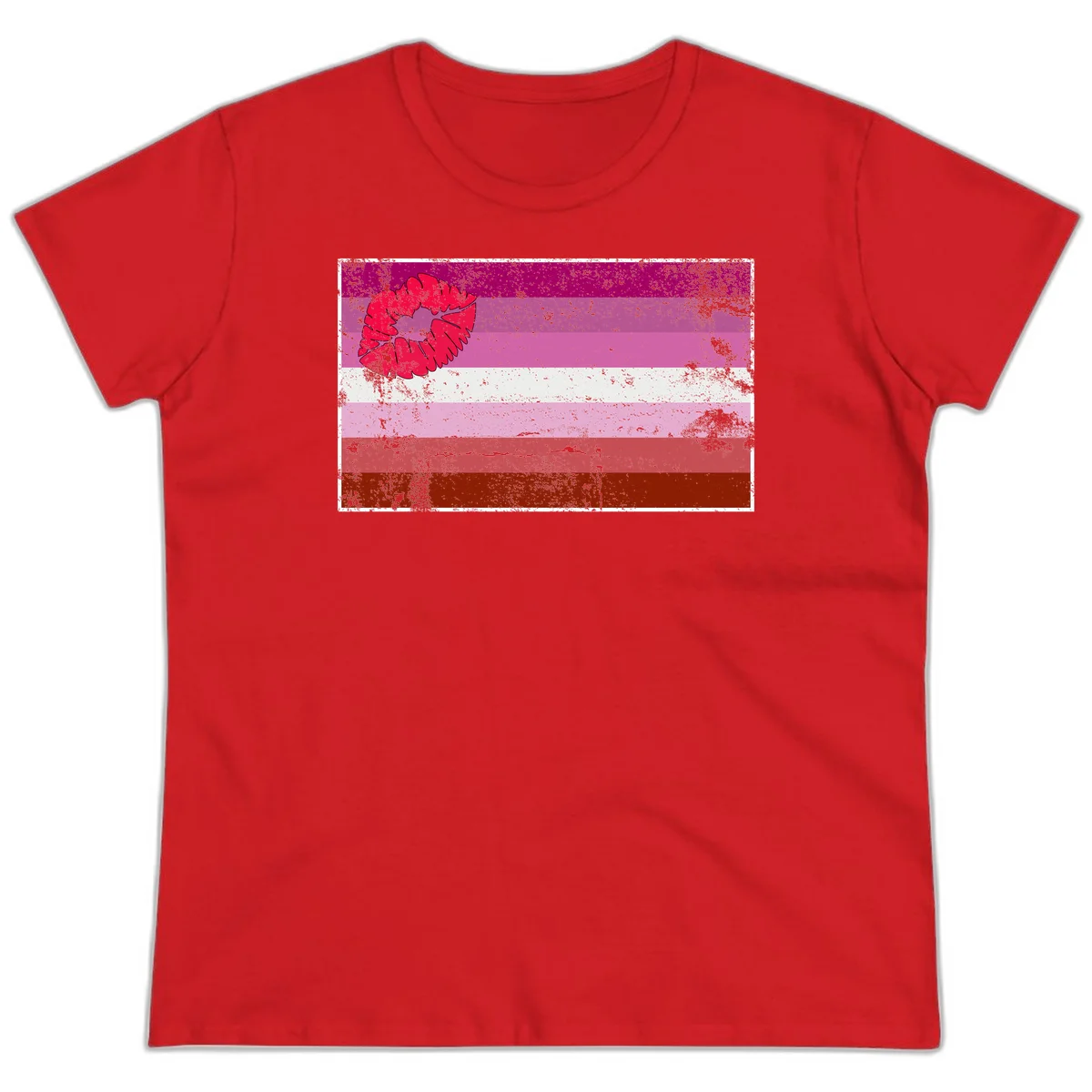 Red lipstick kiss mark overlaying horizontal striped pride flag with distressed grunge texture in Red