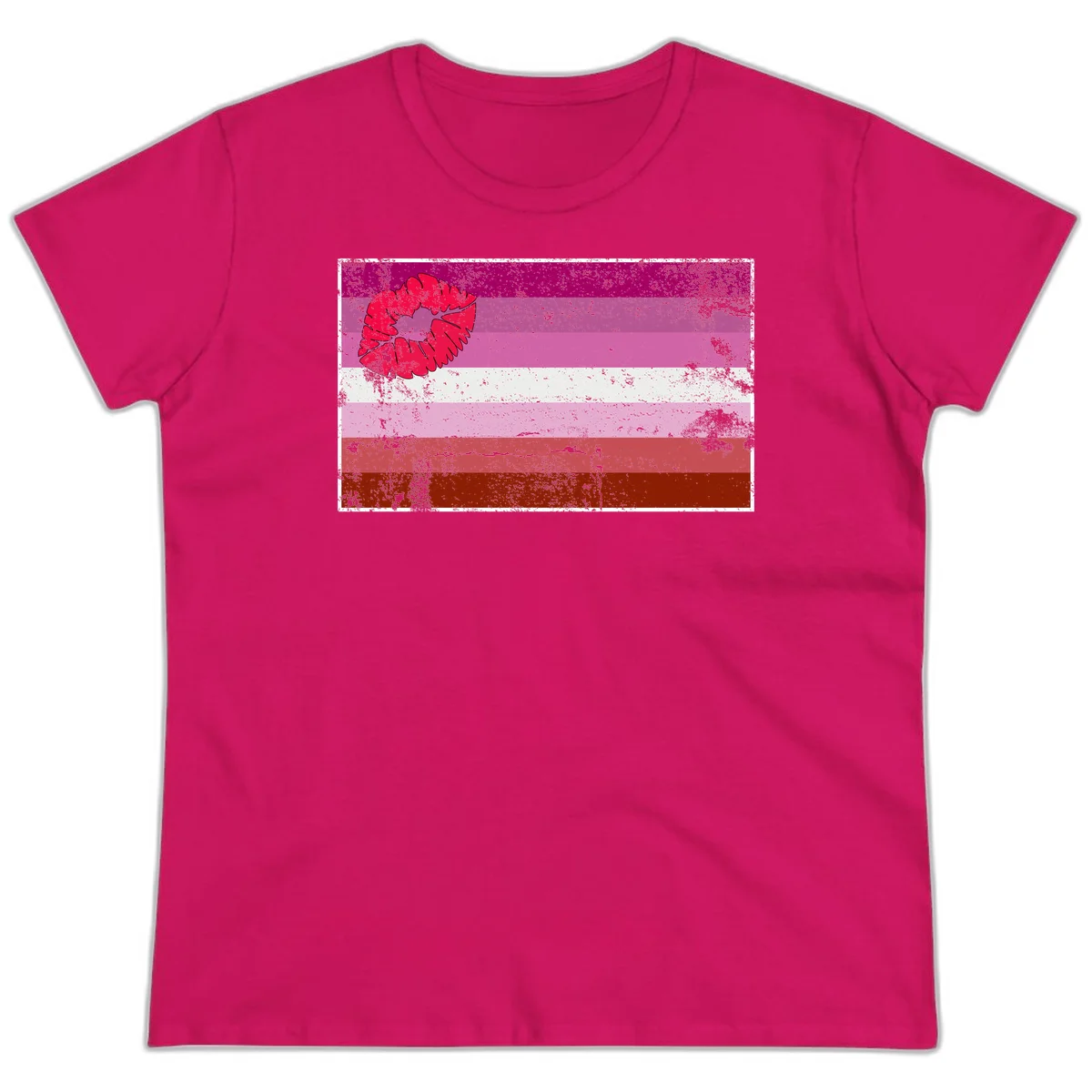 Red lipstick kiss mark overlaying horizontal striped pride flag with distressed grunge texture in Heliconia