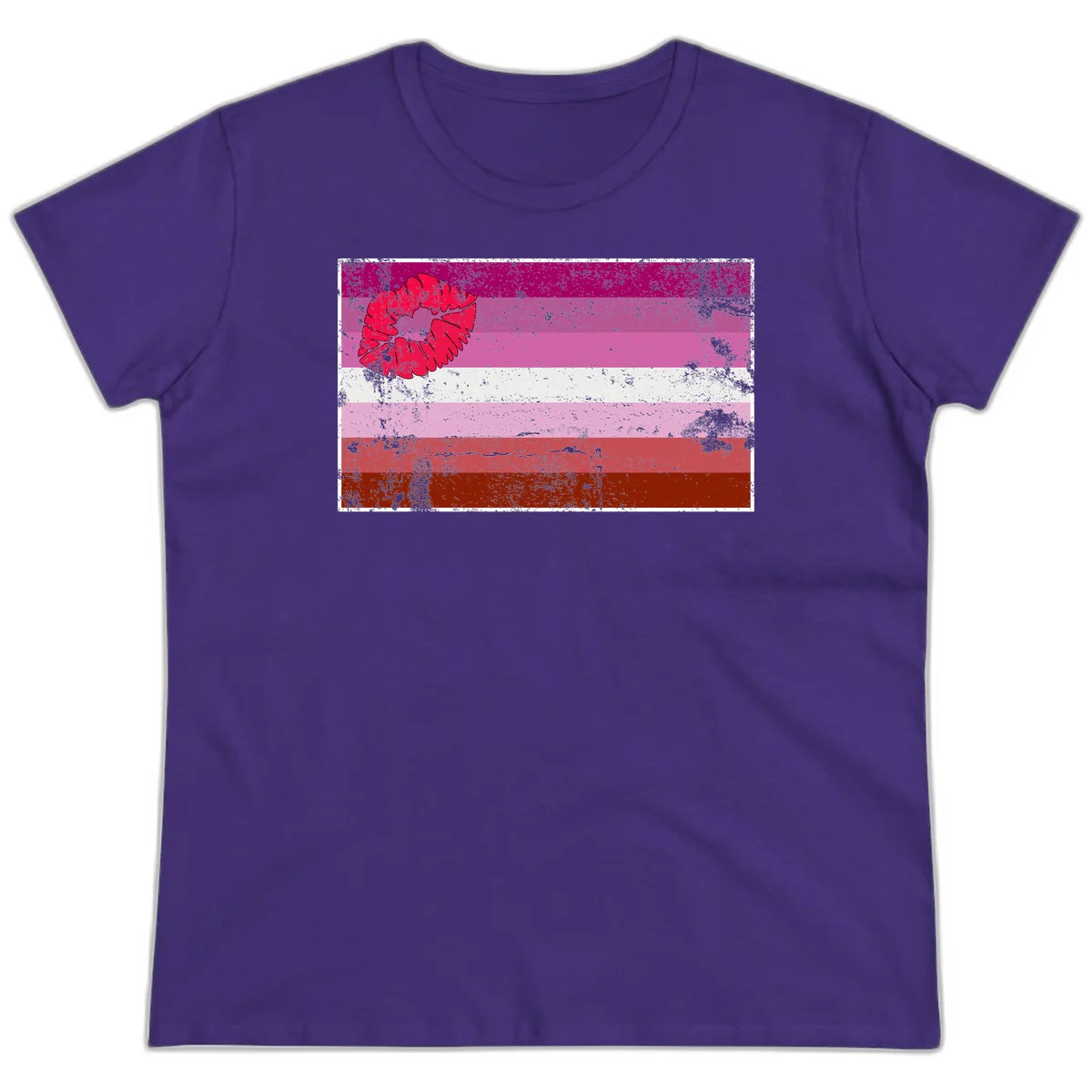 Red lipstick kiss mark overlaying horizontal striped pride flag with distressed grunge texture in Purple