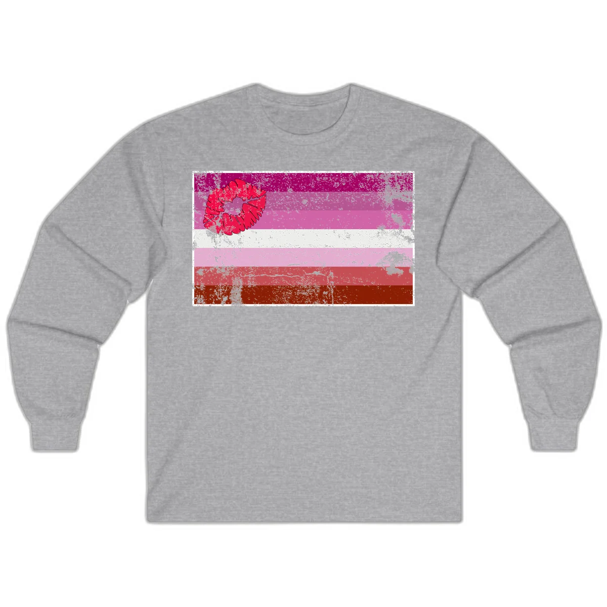 Red lipstick kiss mark overlaying horizontal striped pride flag with distressed grunge texture in Sport Grey