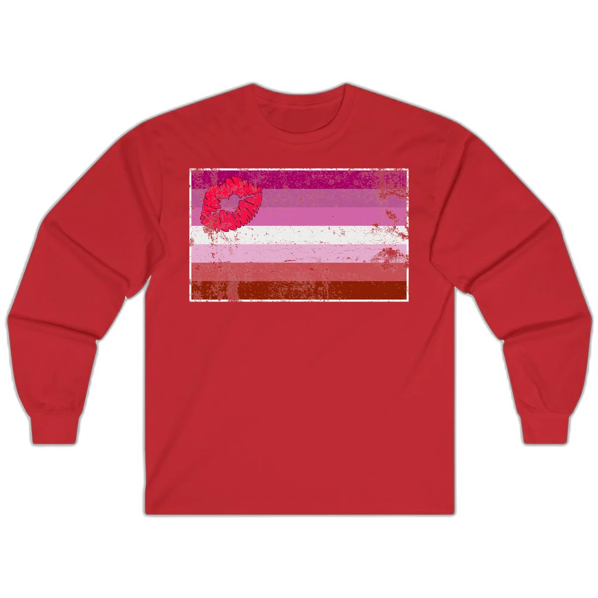 Red lipstick kiss mark overlaying horizontal striped pride flag with distressed grunge texture in Red
