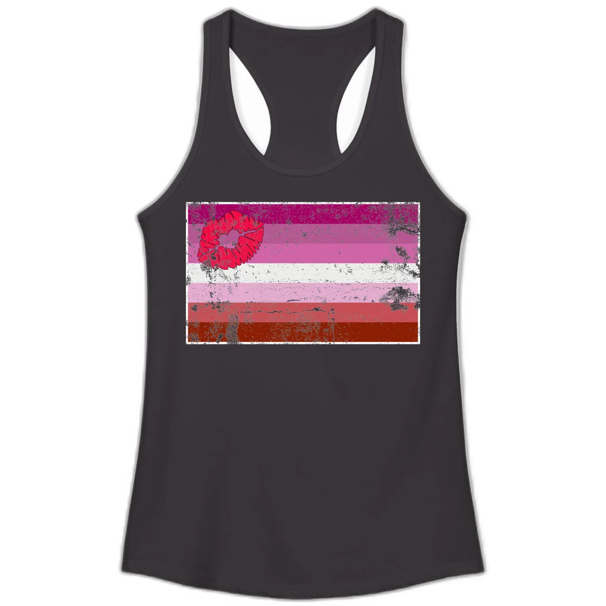 Red lipstick kiss mark overlaying horizontal striped pride flag with distressed grunge texture in Black