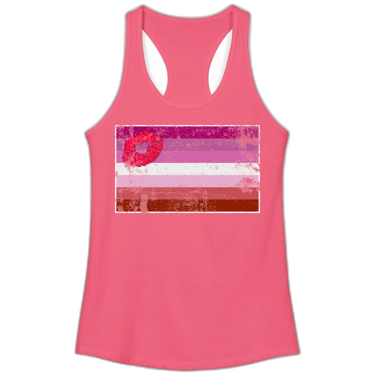 Red lipstick kiss mark overlaying horizontal striped pride flag with distressed grunge texture in Hot Pink