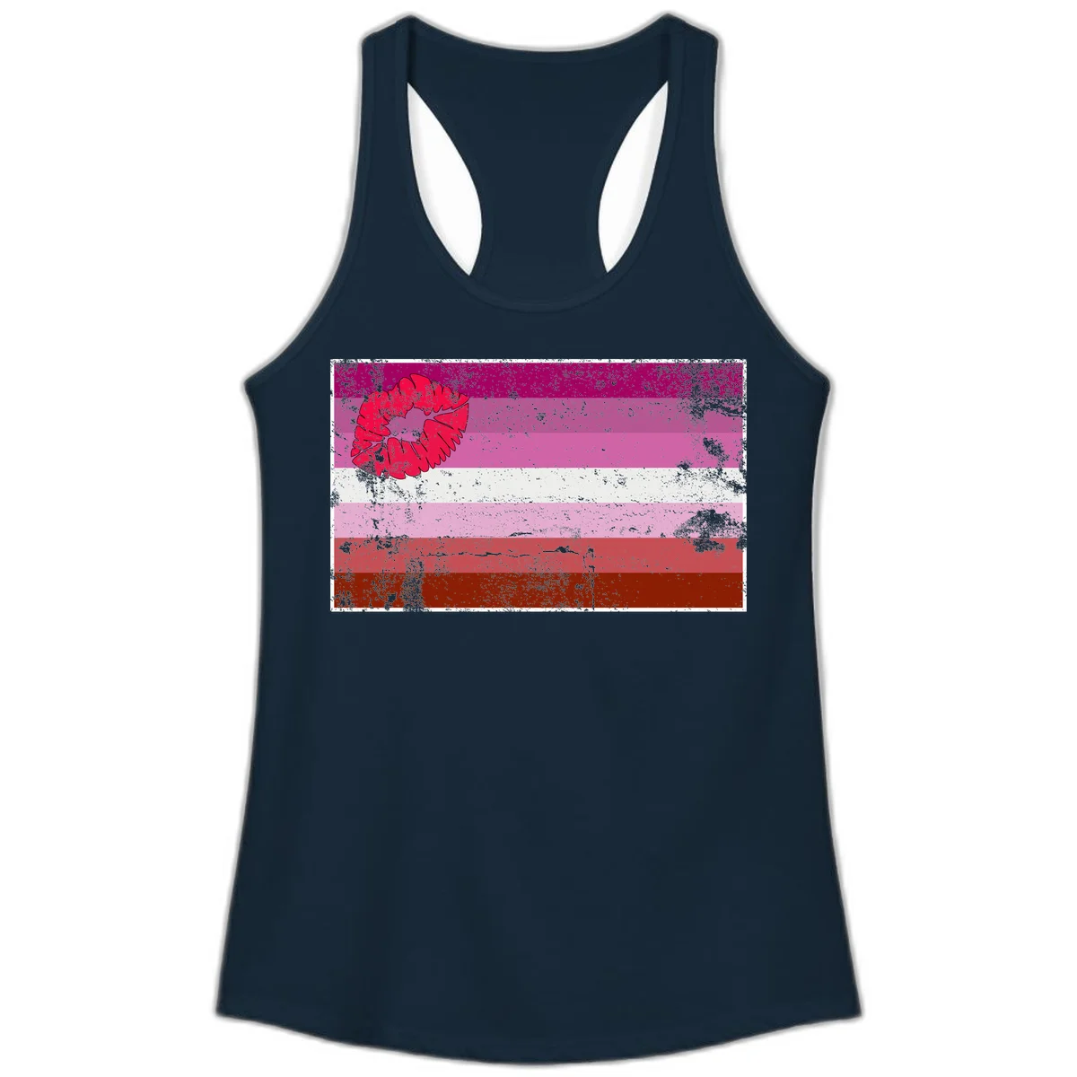 Red lipstick kiss mark overlaying horizontal striped pride flag with distressed grunge texture in Solid Midnight Navy