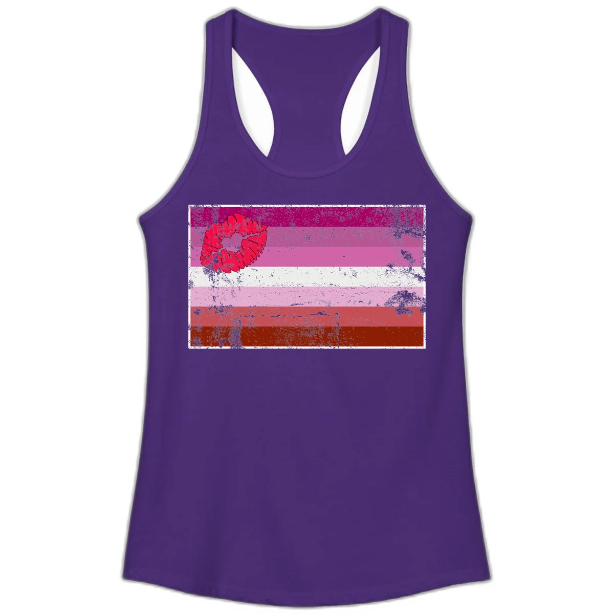 Red lipstick kiss mark overlaying horizontal striped pride flag with distressed grunge texture in Solid Purple Rush