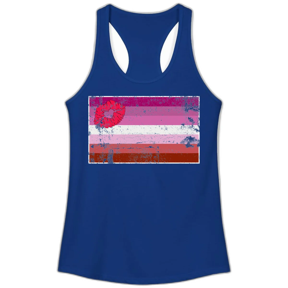 Red lipstick kiss mark overlaying horizontal striped pride flag with distressed grunge texture in Solid Royal