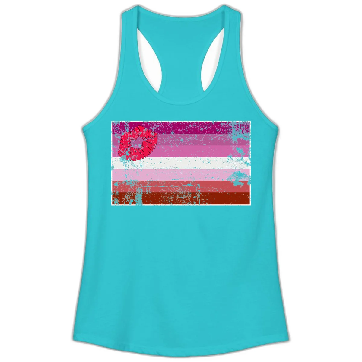 Red lipstick kiss mark overlaying horizontal striped pride flag with distressed grunge texture in Solid Tahiti Blue