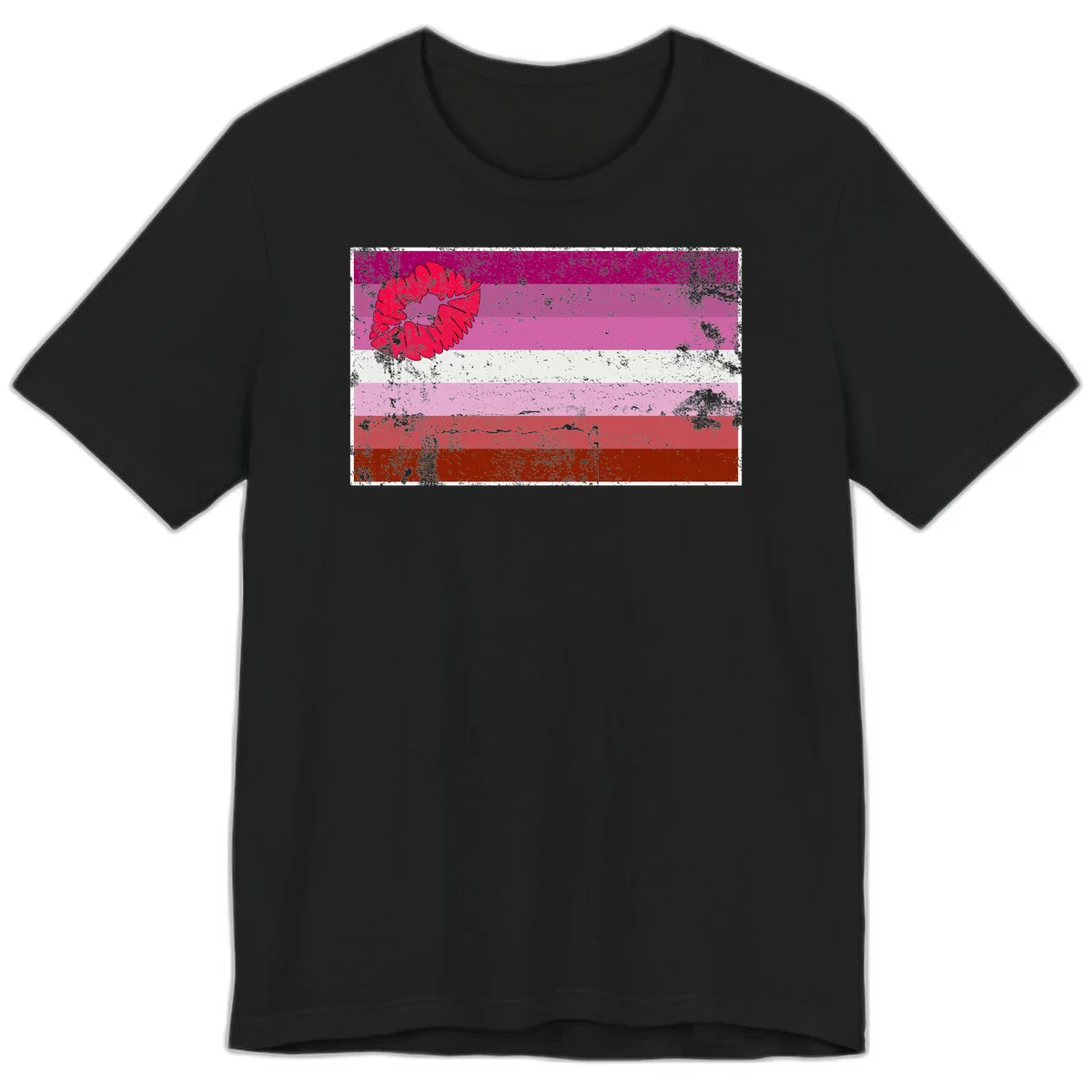 Red lipstick kiss mark overlaying horizontal striped pride flag with distressed grunge texture in Black