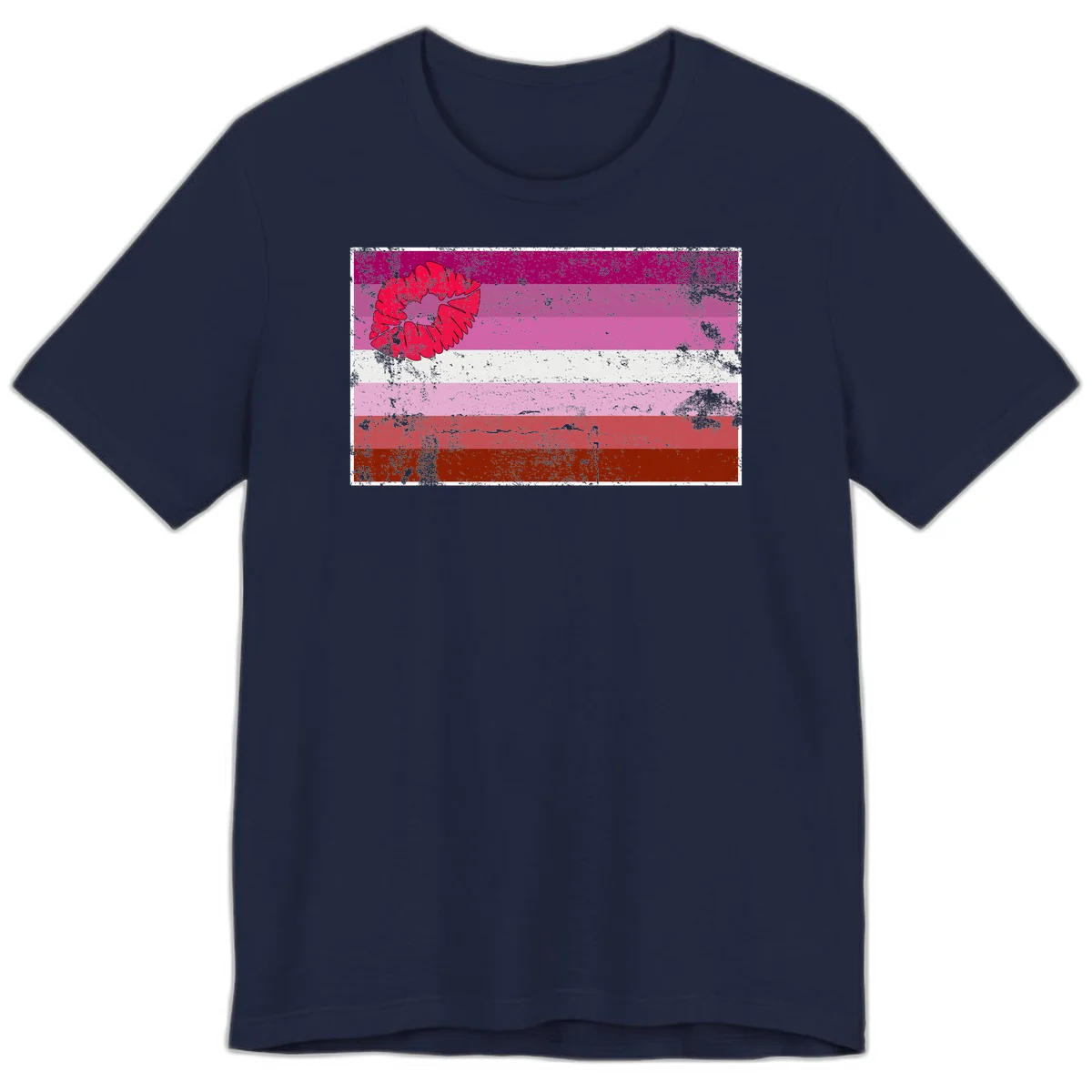 Red lipstick kiss mark overlaying horizontal striped pride flag with distressed grunge texture in Navy