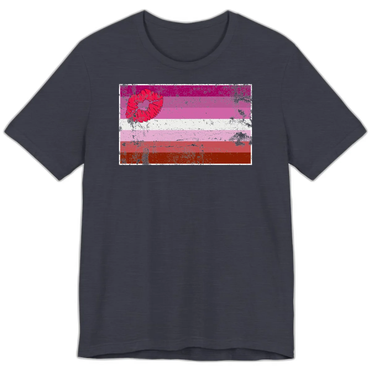 Red lipstick kiss mark overlaying horizontal striped pride flag with distressed grunge texture in Heather Midnight Navy
