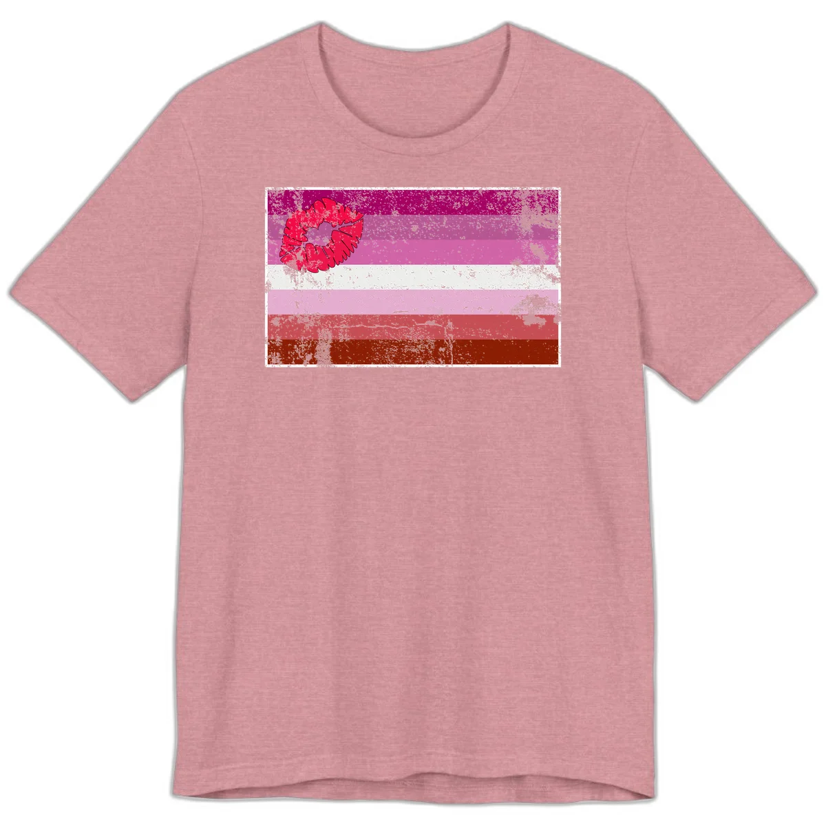 Red lipstick kiss mark overlaying horizontal striped pride flag with distressed grunge texture in Heather Orchid