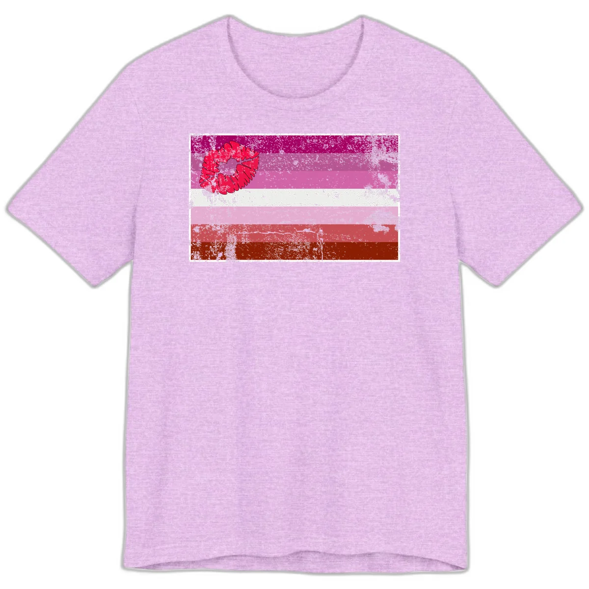 Red lipstick kiss mark overlaying horizontal striped pride flag with distressed grunge texture in Heather Prism Lilac