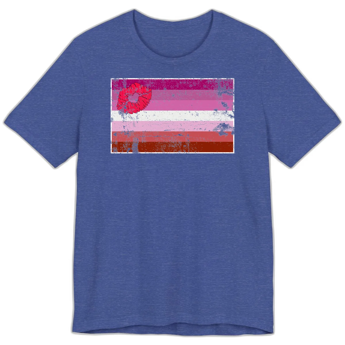 Red lipstick kiss mark overlaying horizontal striped pride flag with distressed grunge texture in Heather True Royal