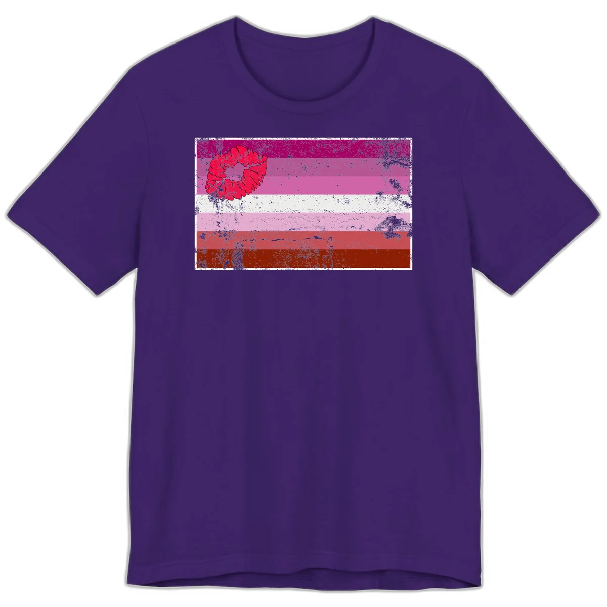 Red lipstick kiss mark overlaying horizontal striped pride flag with distressed grunge texture in Team Purple
