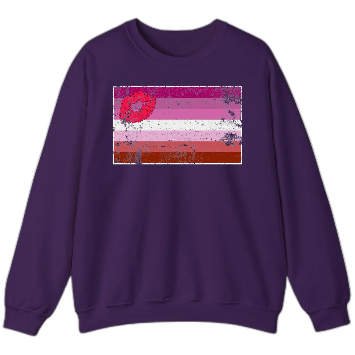 Red lipstick kiss mark overlaying horizontal striped pride flag with distressed grunge texture in Purple