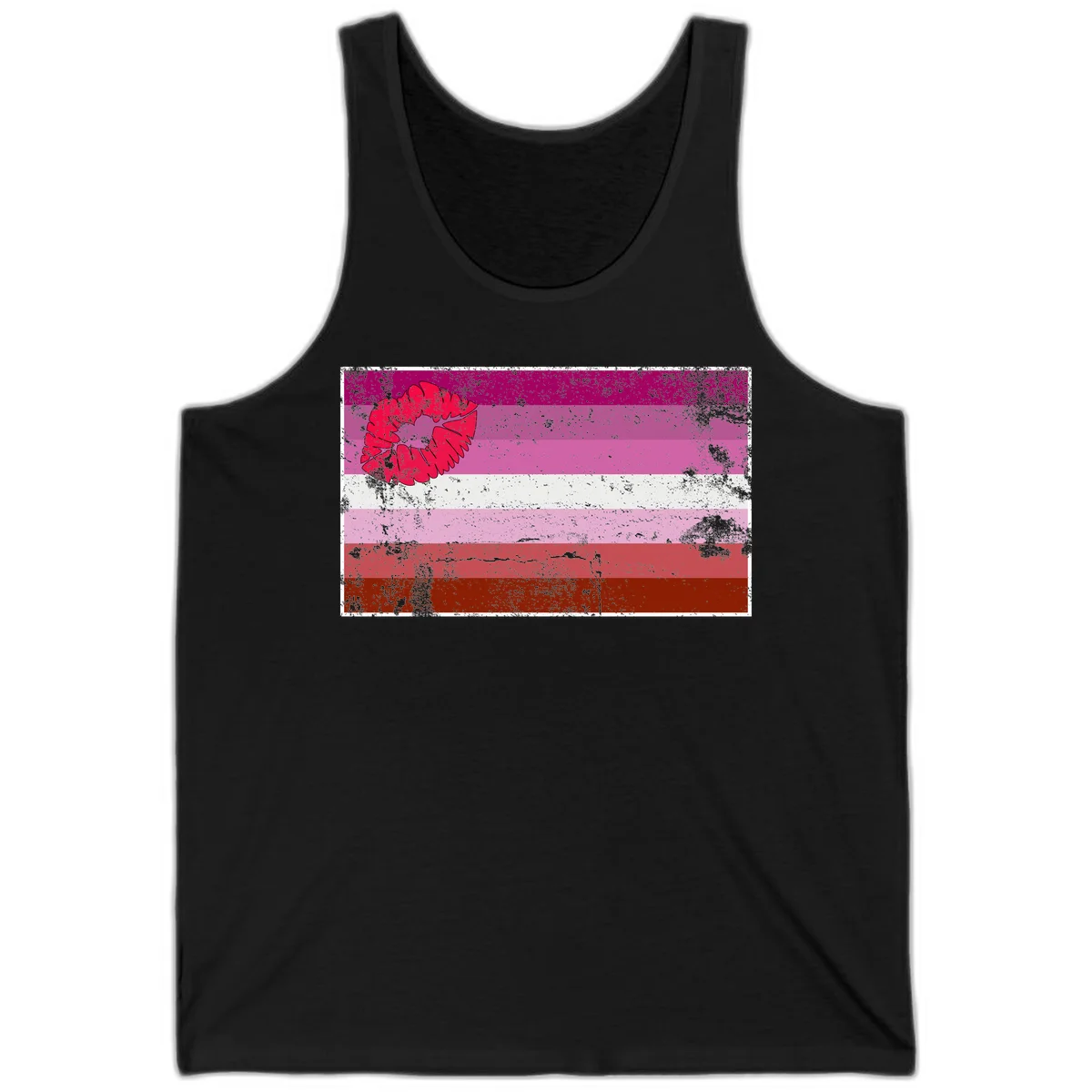 Red lipstick kiss mark overlaying horizontal striped pride flag with distressed grunge texture in Black