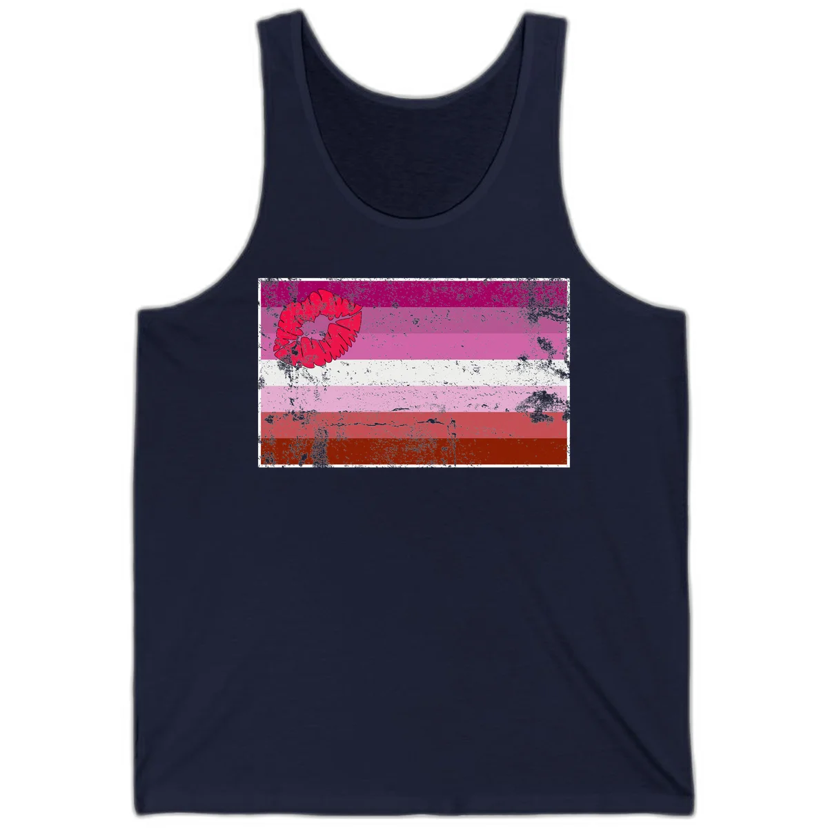 Red lipstick kiss mark overlaying horizontal striped pride flag with distressed grunge texture in Navy