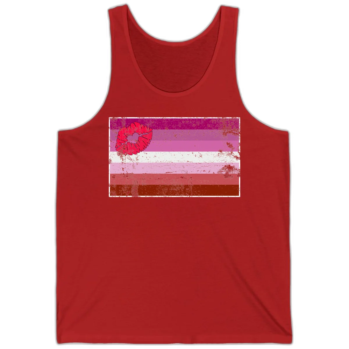 Red lipstick kiss mark overlaying horizontal striped pride flag with distressed grunge texture in Red