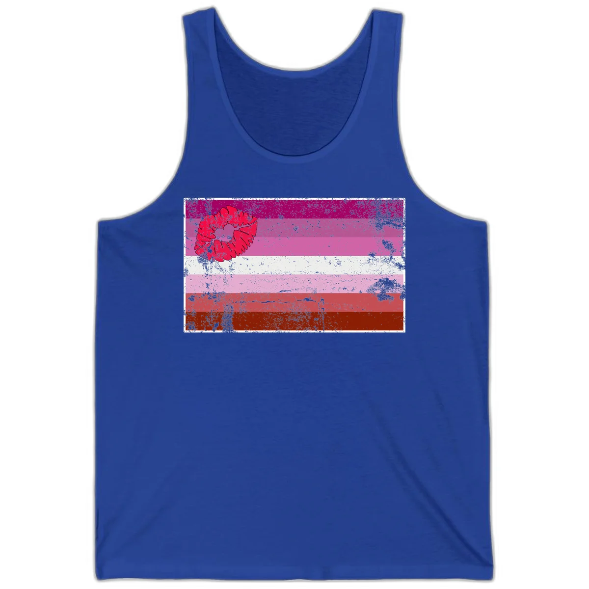 Red lipstick kiss mark overlaying horizontal striped pride flag with distressed grunge texture in True Royal