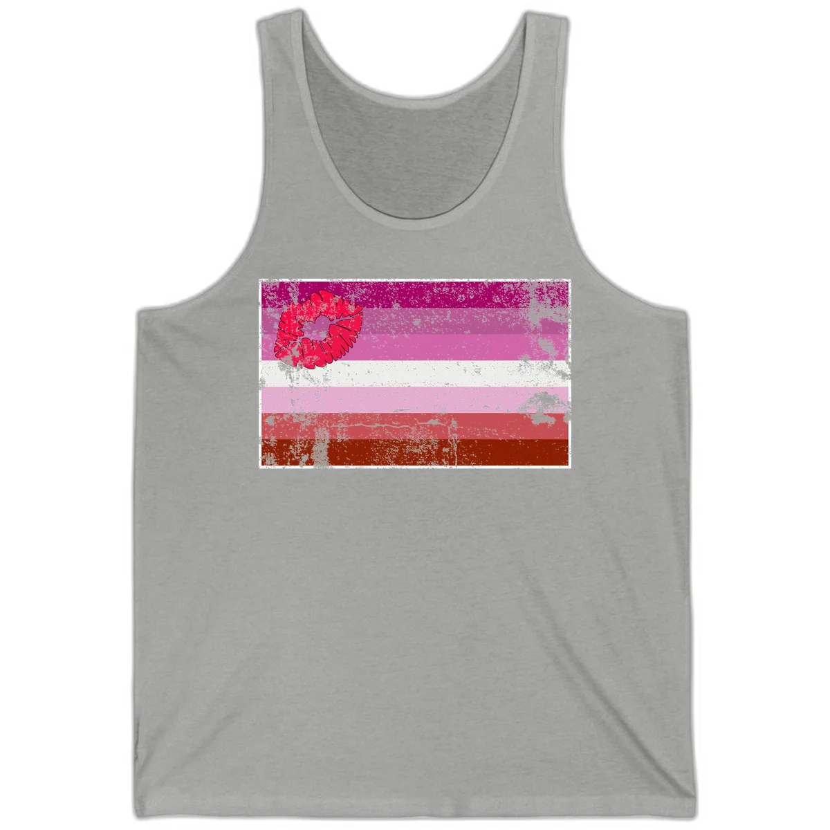Red lipstick kiss mark overlaying horizontal striped pride flag with distressed grunge texture in Athletic Heather
