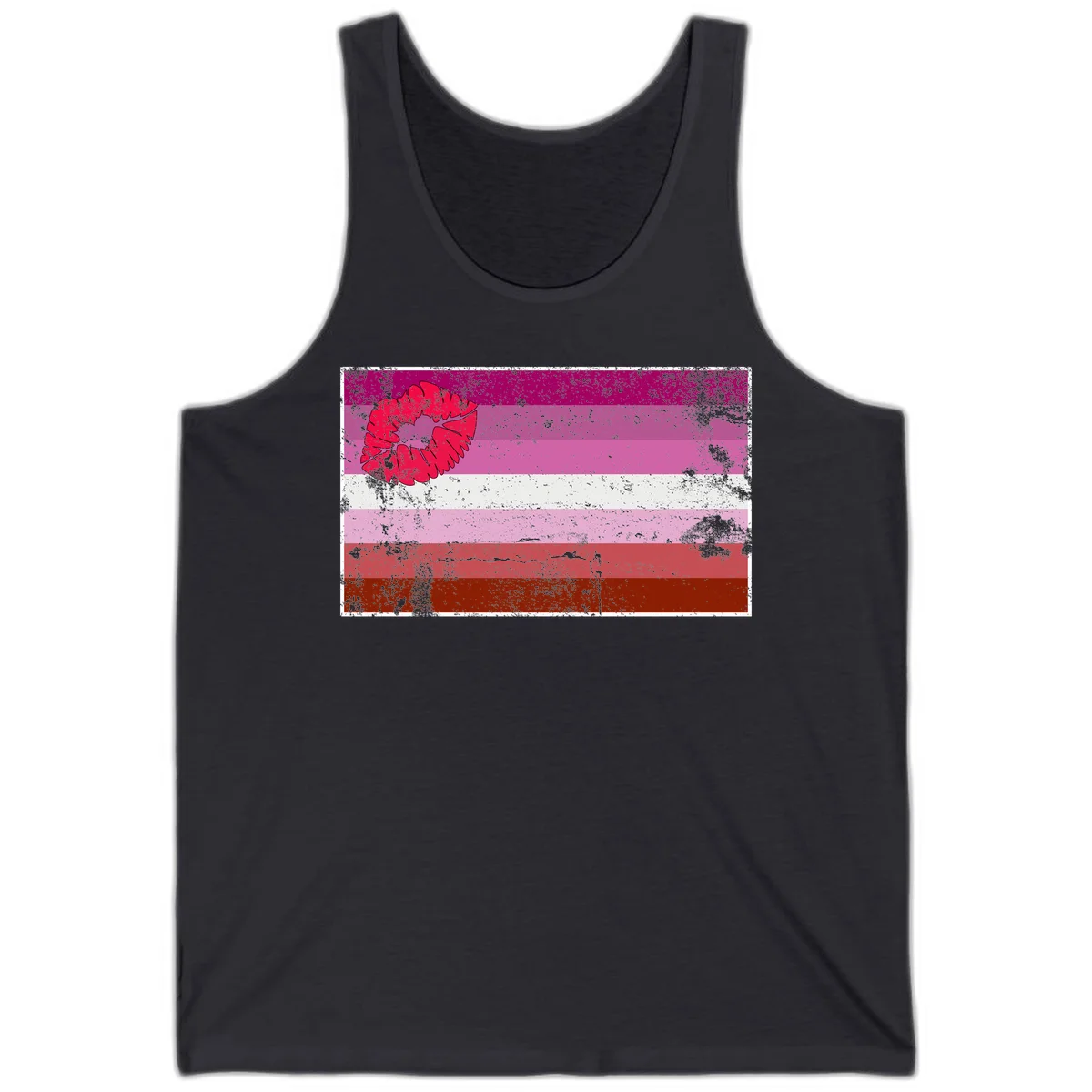 Red lipstick kiss mark overlaying horizontal striped pride flag with distressed grunge texture in Dark Grey