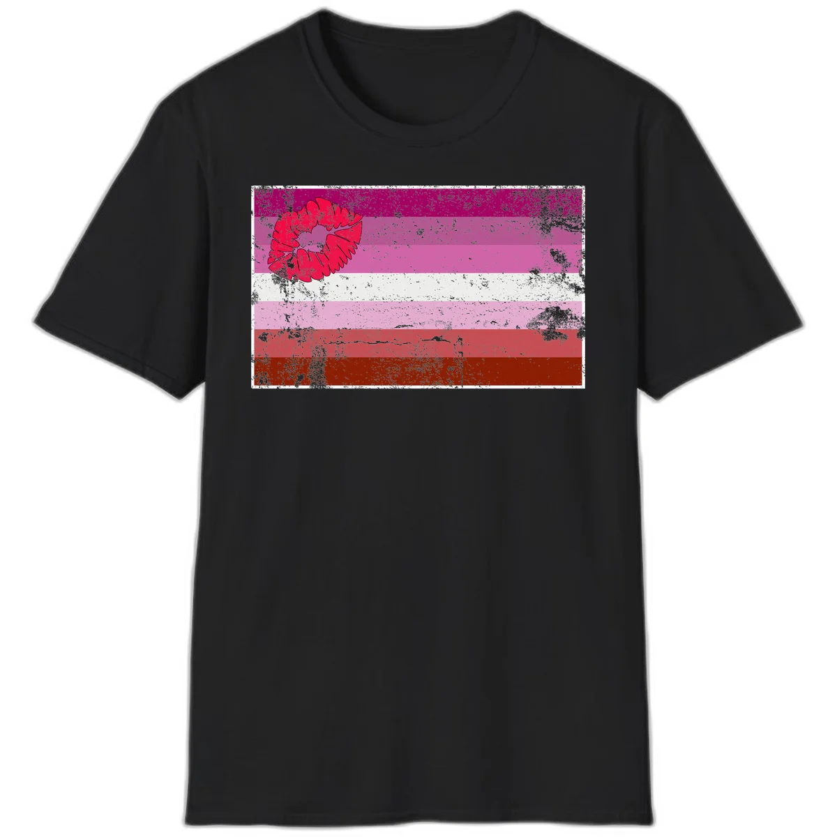 Red lipstick kiss mark overlaying horizontal striped pride flag with distressed grunge texture in Black