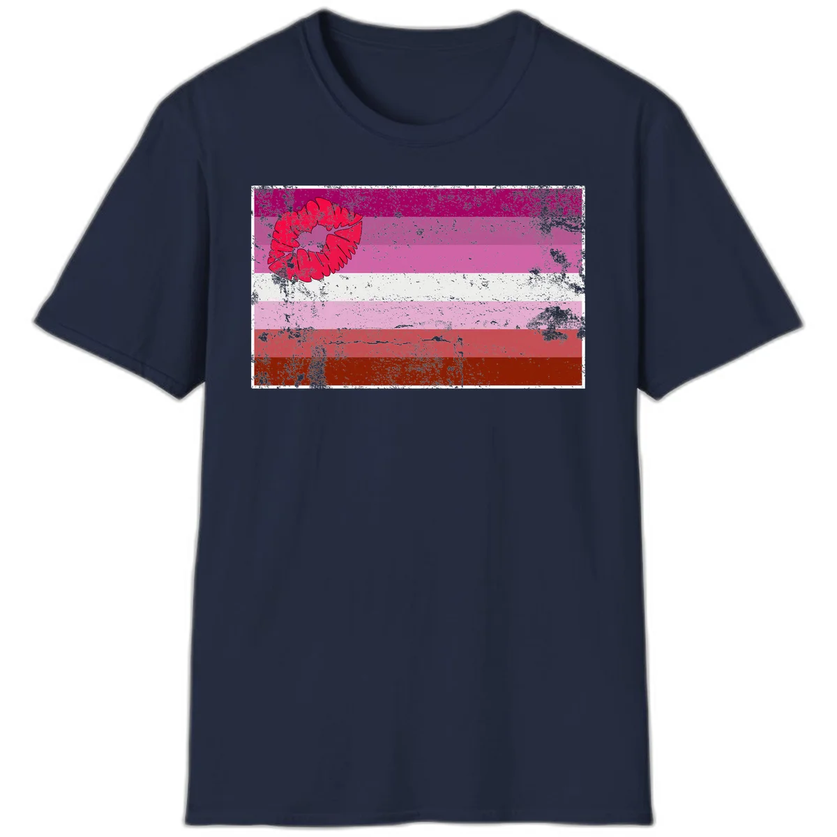 Red lipstick kiss mark overlaying horizontal striped pride flag with distressed grunge texture in Navy