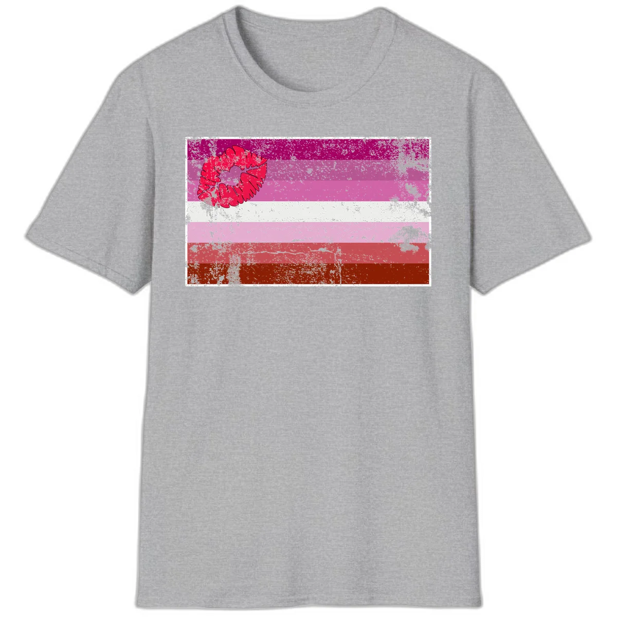 Red lipstick kiss mark overlaying horizontal striped pride flag with distressed grunge texture in Sport Grey